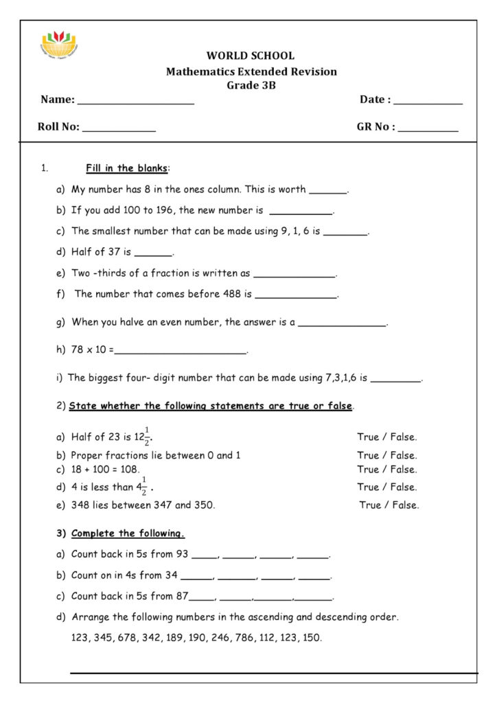 Birla World School Oman Revision Worksheets For Grade 3