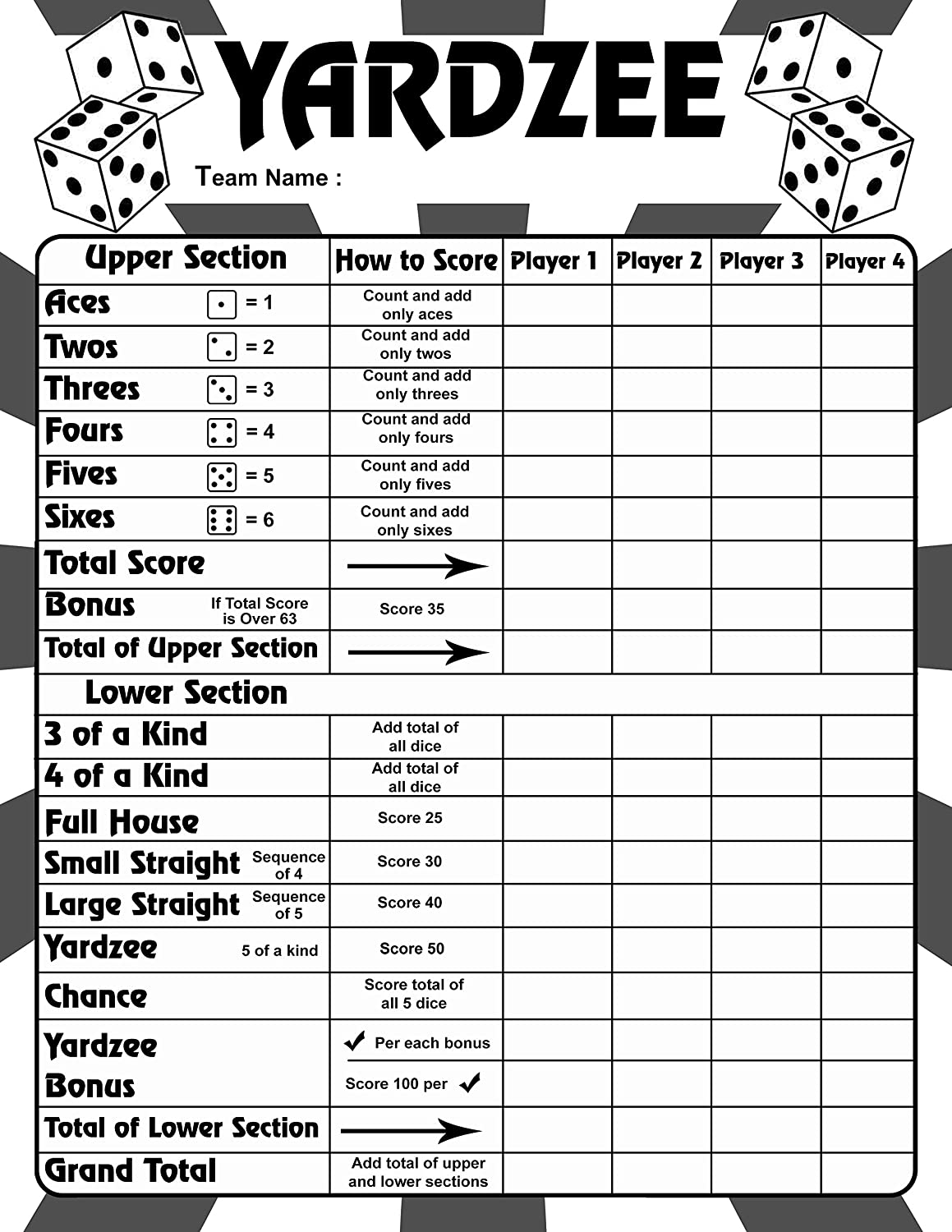 Free Printable Yardzee Score Sheets