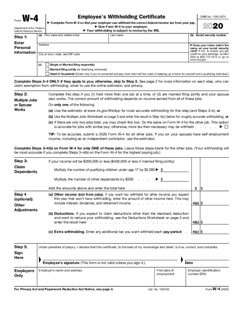 Federal W 4 Worksheet 2020 Printable Fillable Online