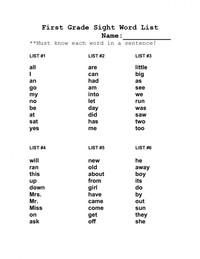 First Grade Sight Words Boy To Every Worksheets