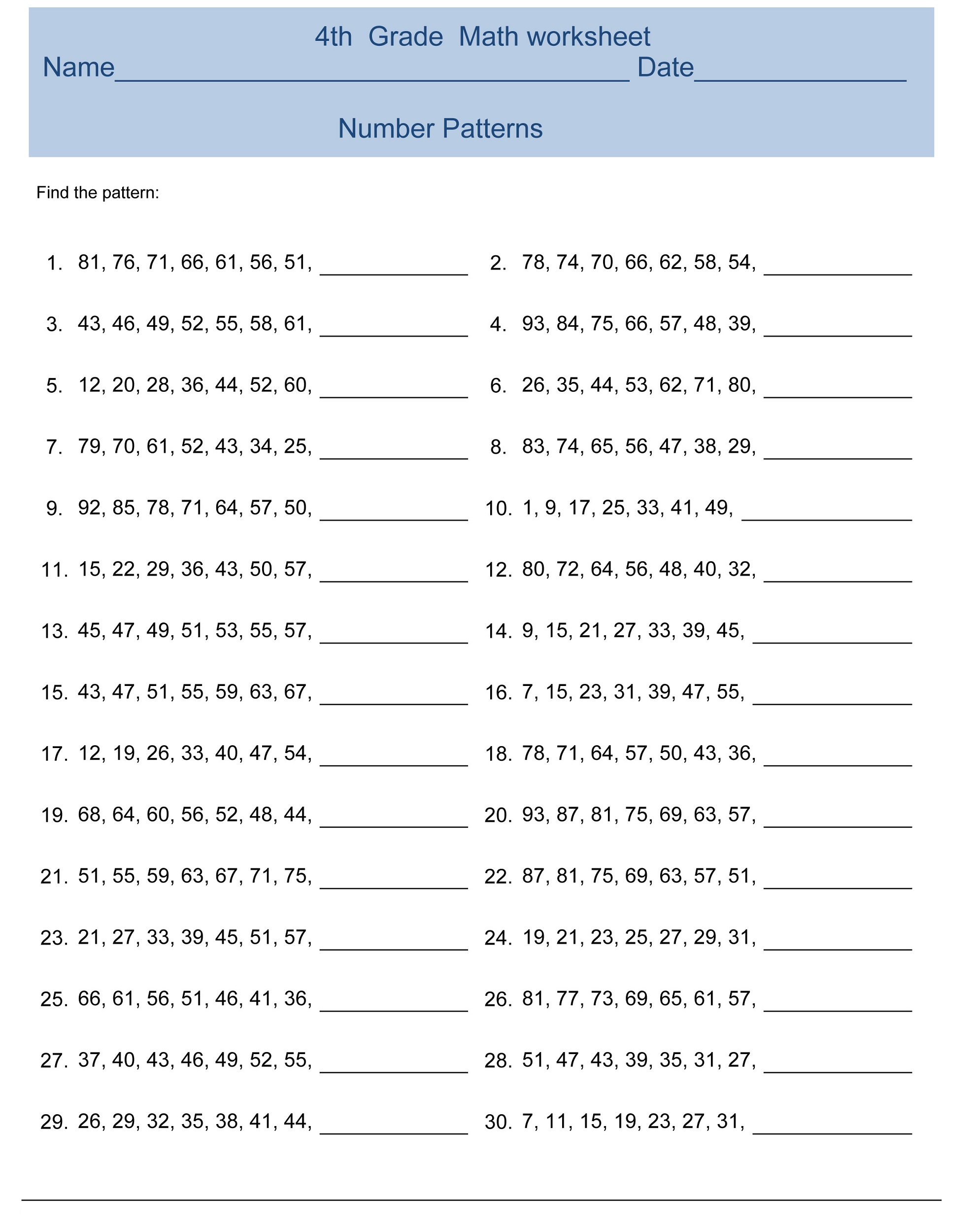 Free 4th Grade Math Worksheets