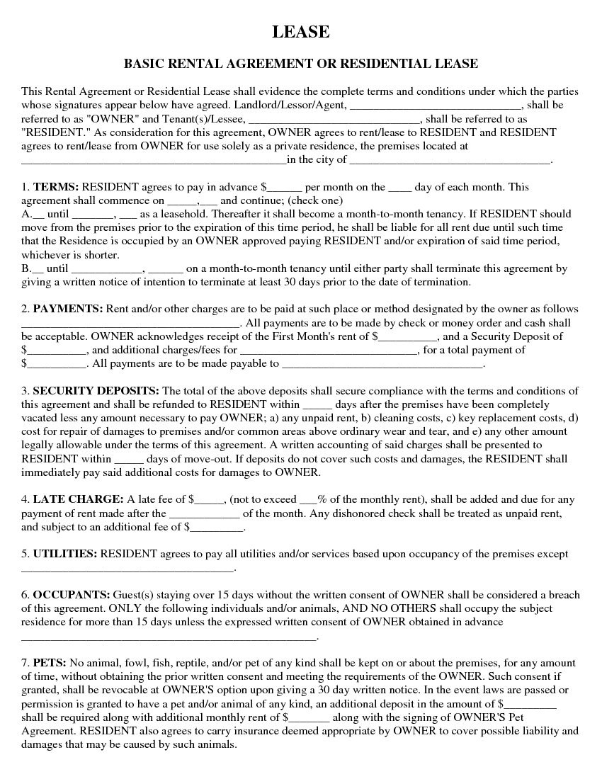 Free Printable Rental Agreement