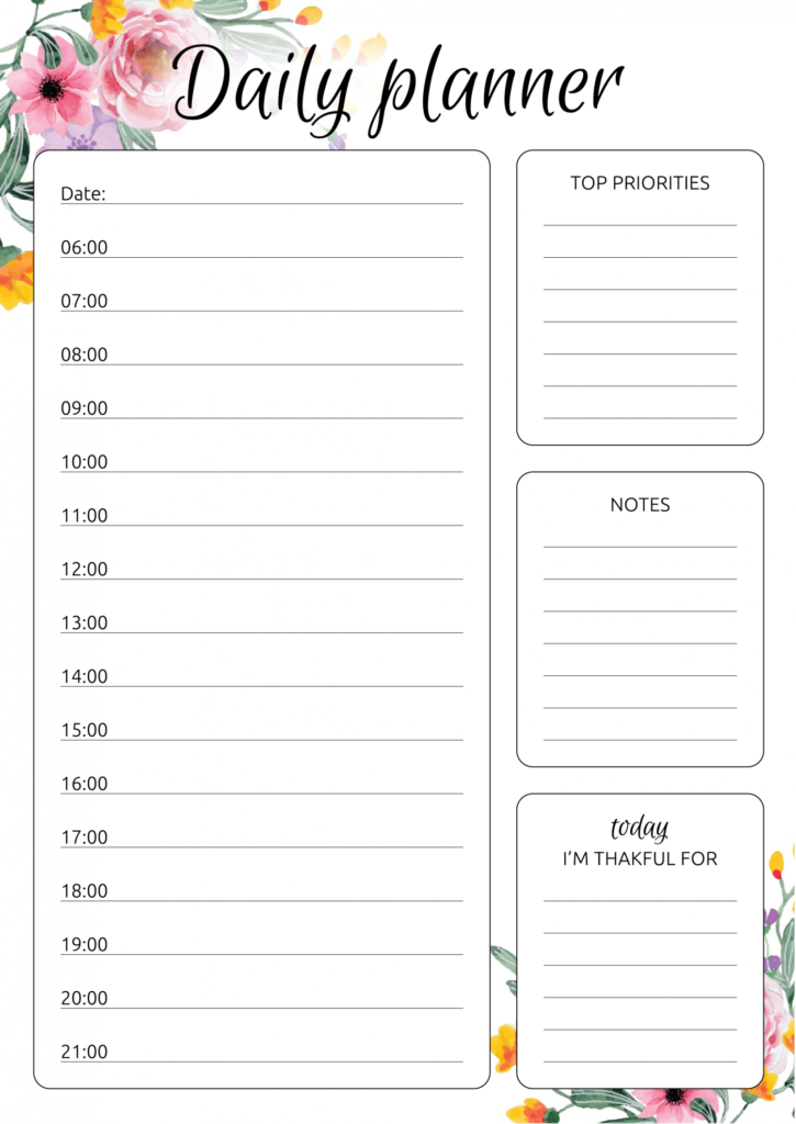 Free Printable Daily Hourly Planner With Flowers PDF Download