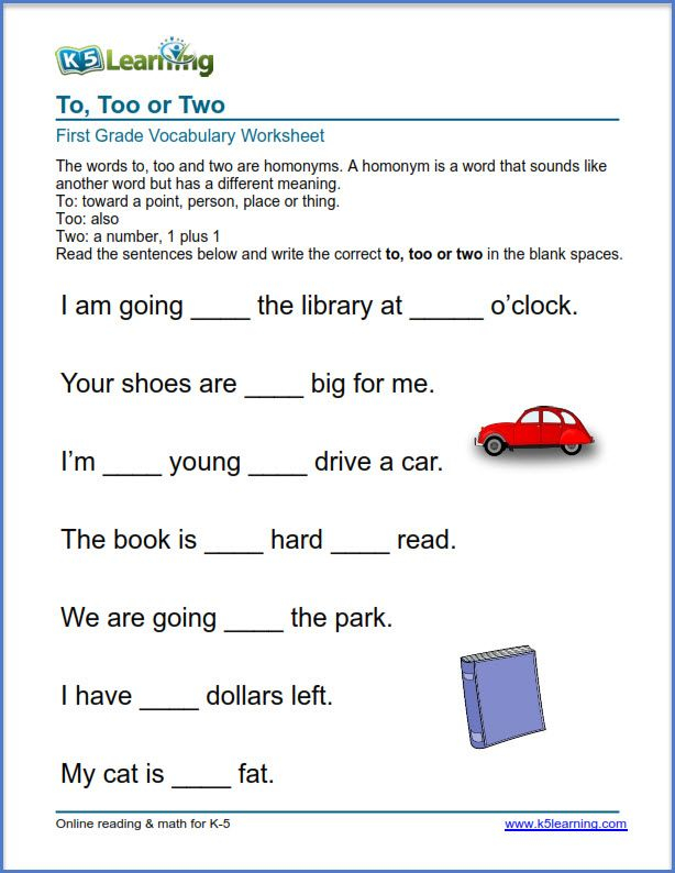 Grade 1 Vocabulary Worksheet Use Of To Too Or Two K5