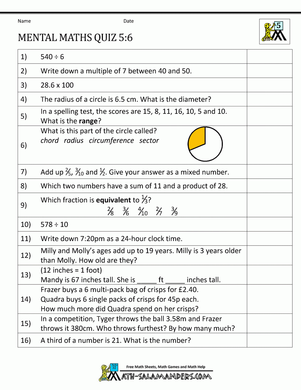 Year 6 Free Printable Maths Worksheets