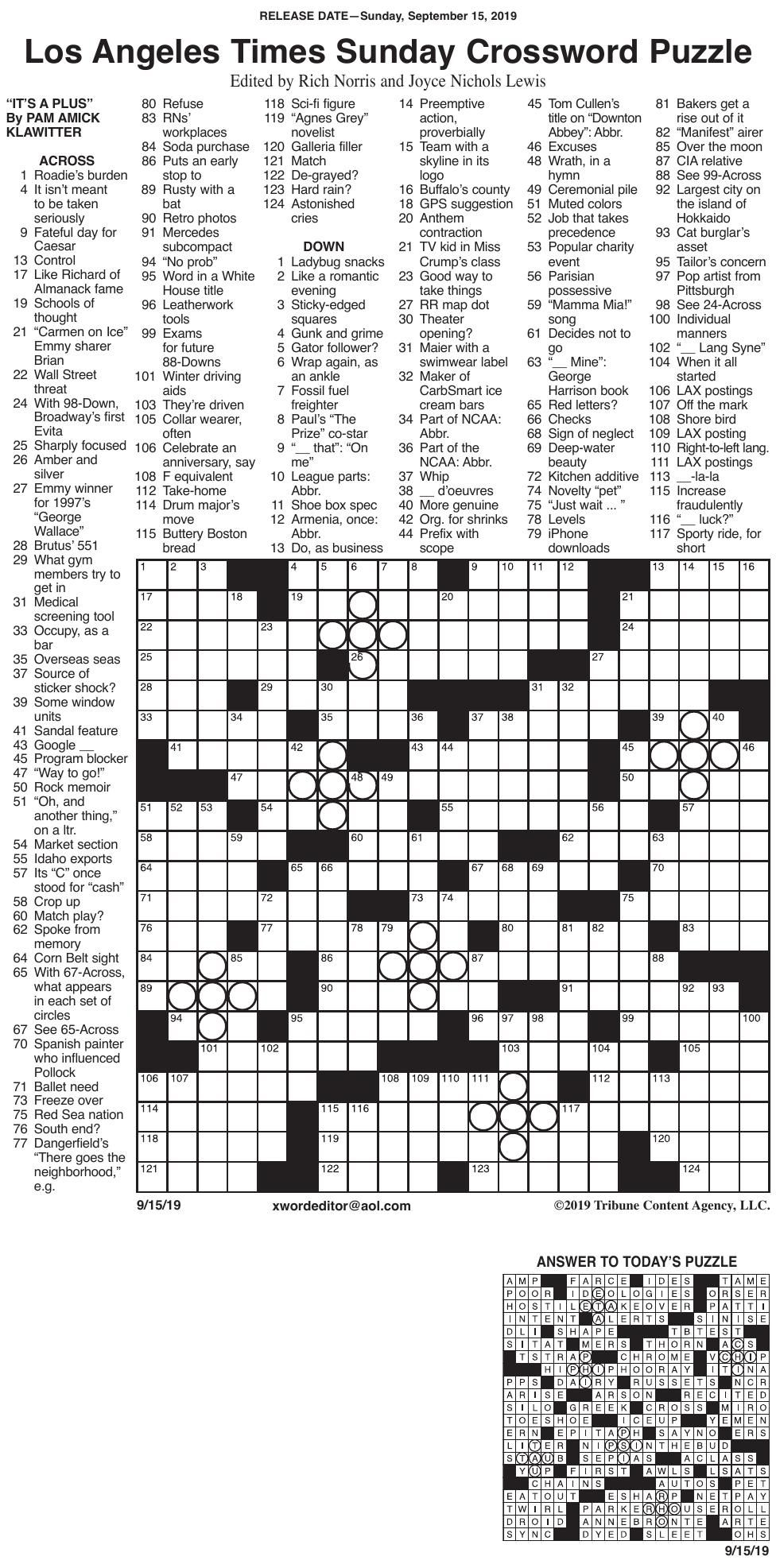 Free Printable L A Times Crossword Puzzles
