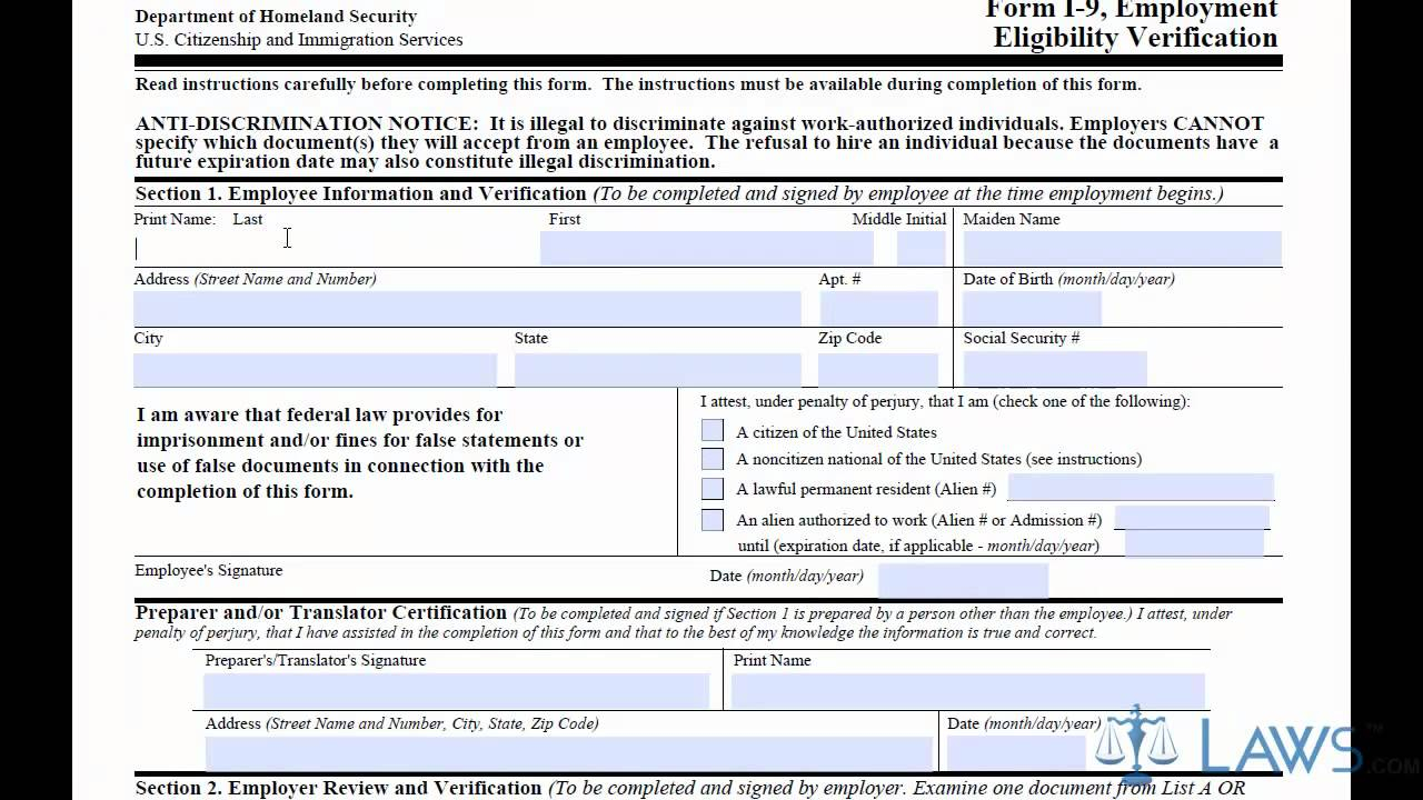 I-9 Free Printable Form