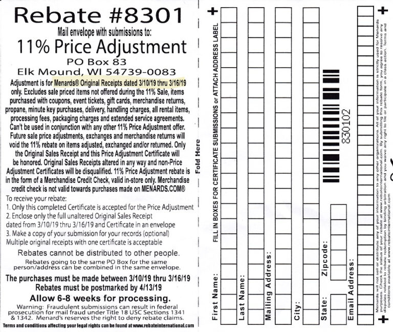 Menards 11 Price Adjustment Rebate 8301 Purchases 3 10