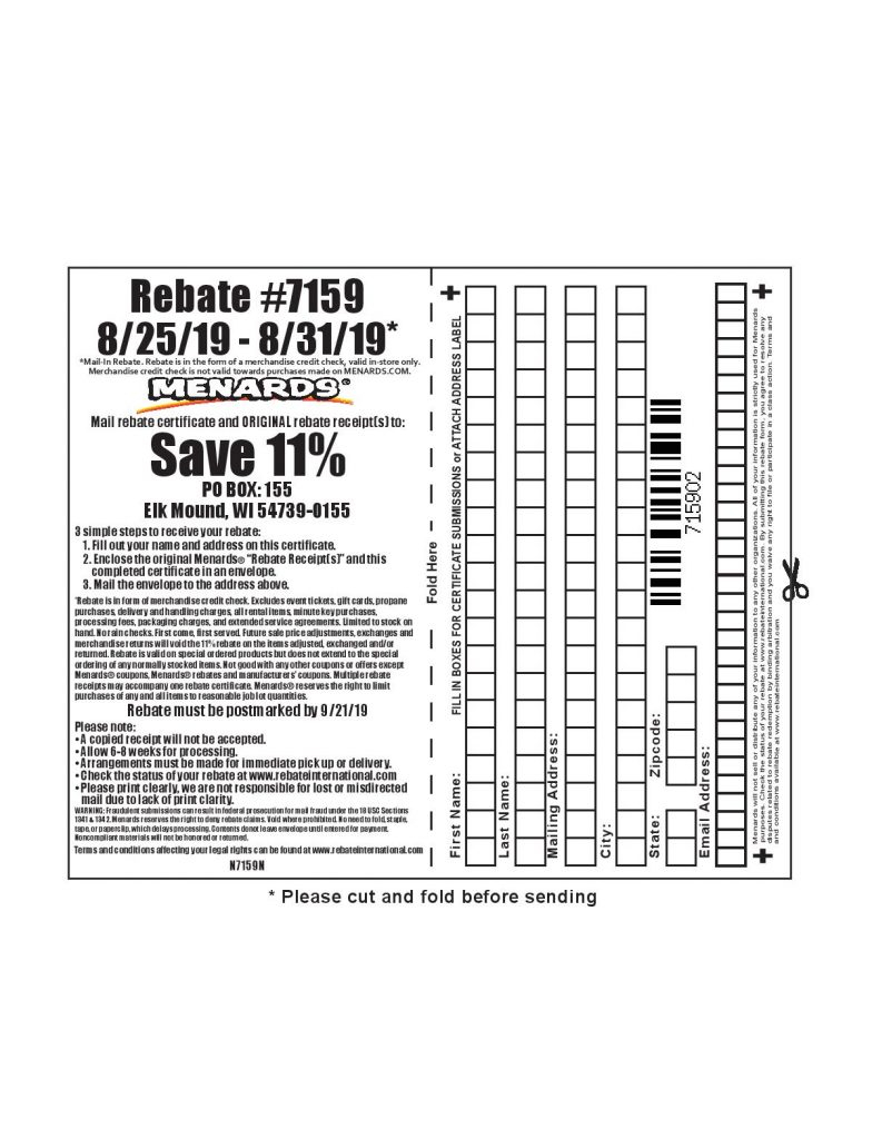 Menards 11 Rebate 7159 Purchases 8 25 19 8 31 19