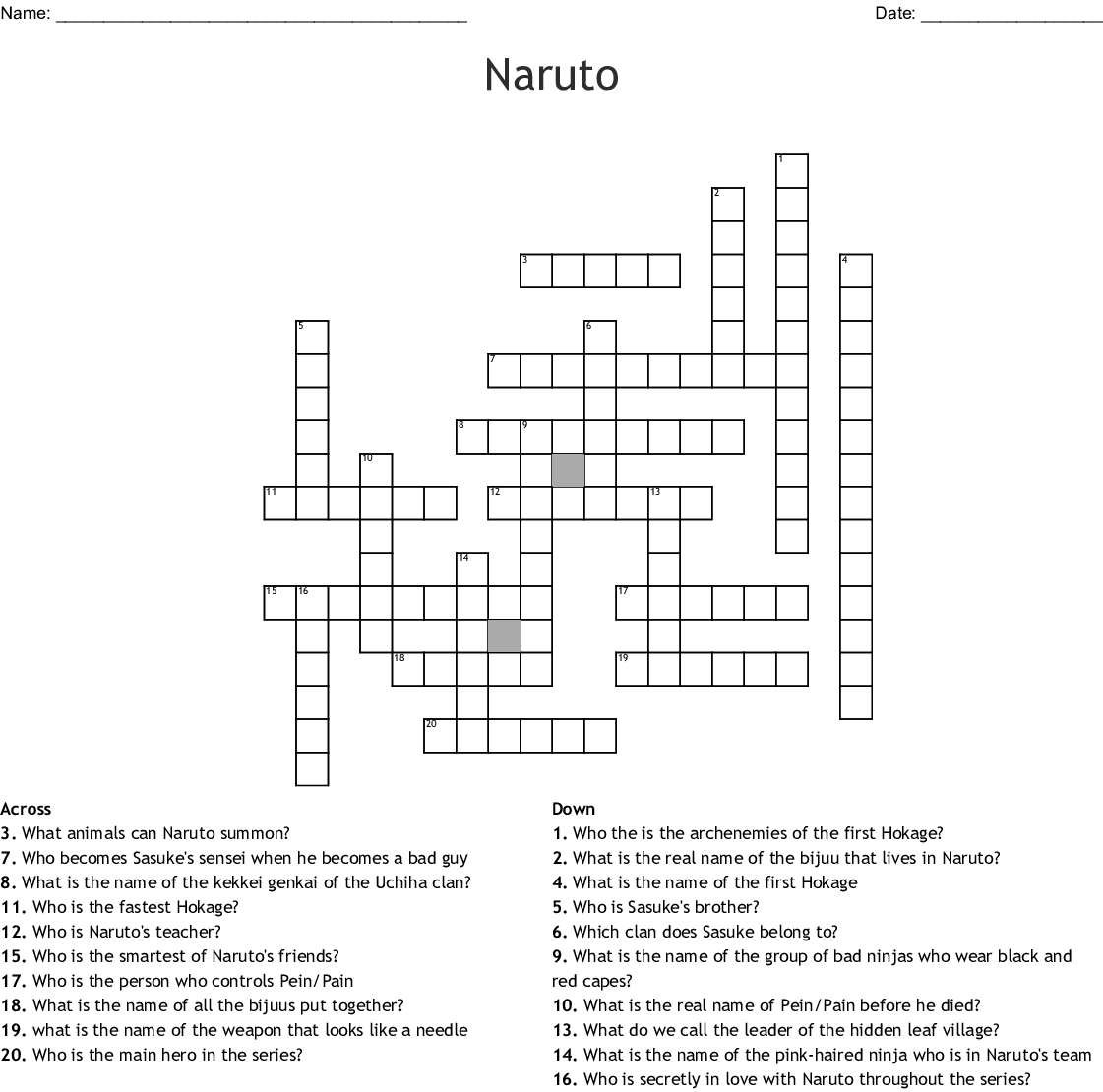 Printable Naruto Crossword Puzzles