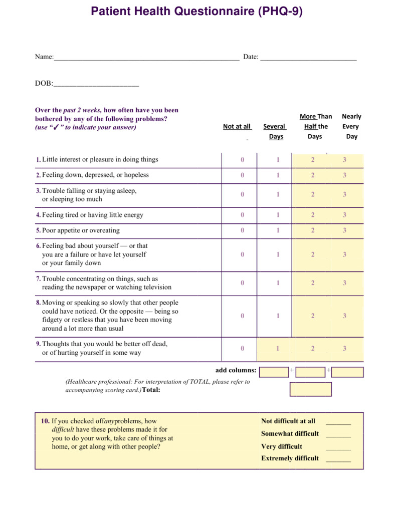 Patient Health Questionnaire Phq 9 Form Download
