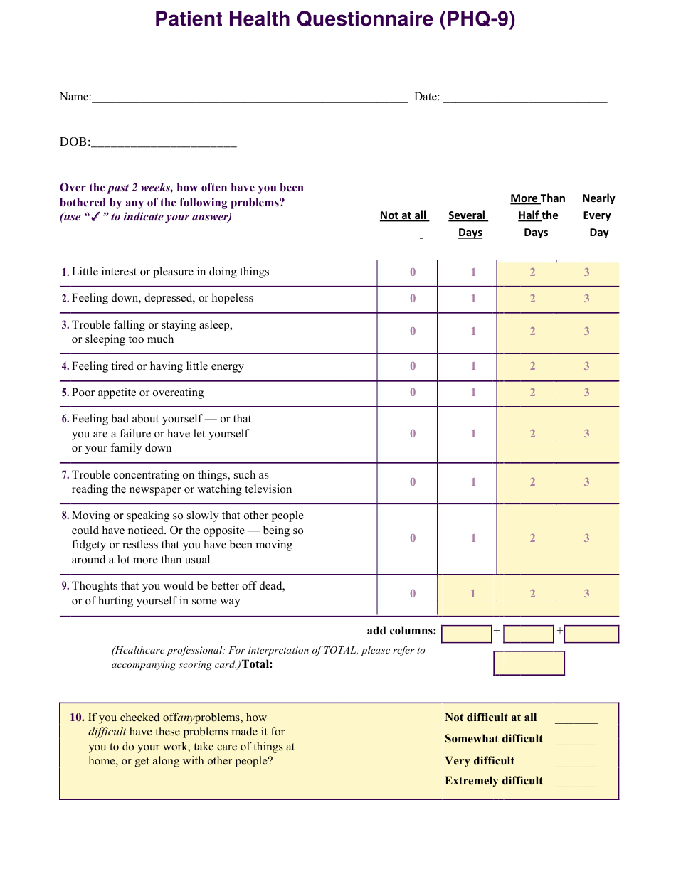 Phq 9 Free Printable