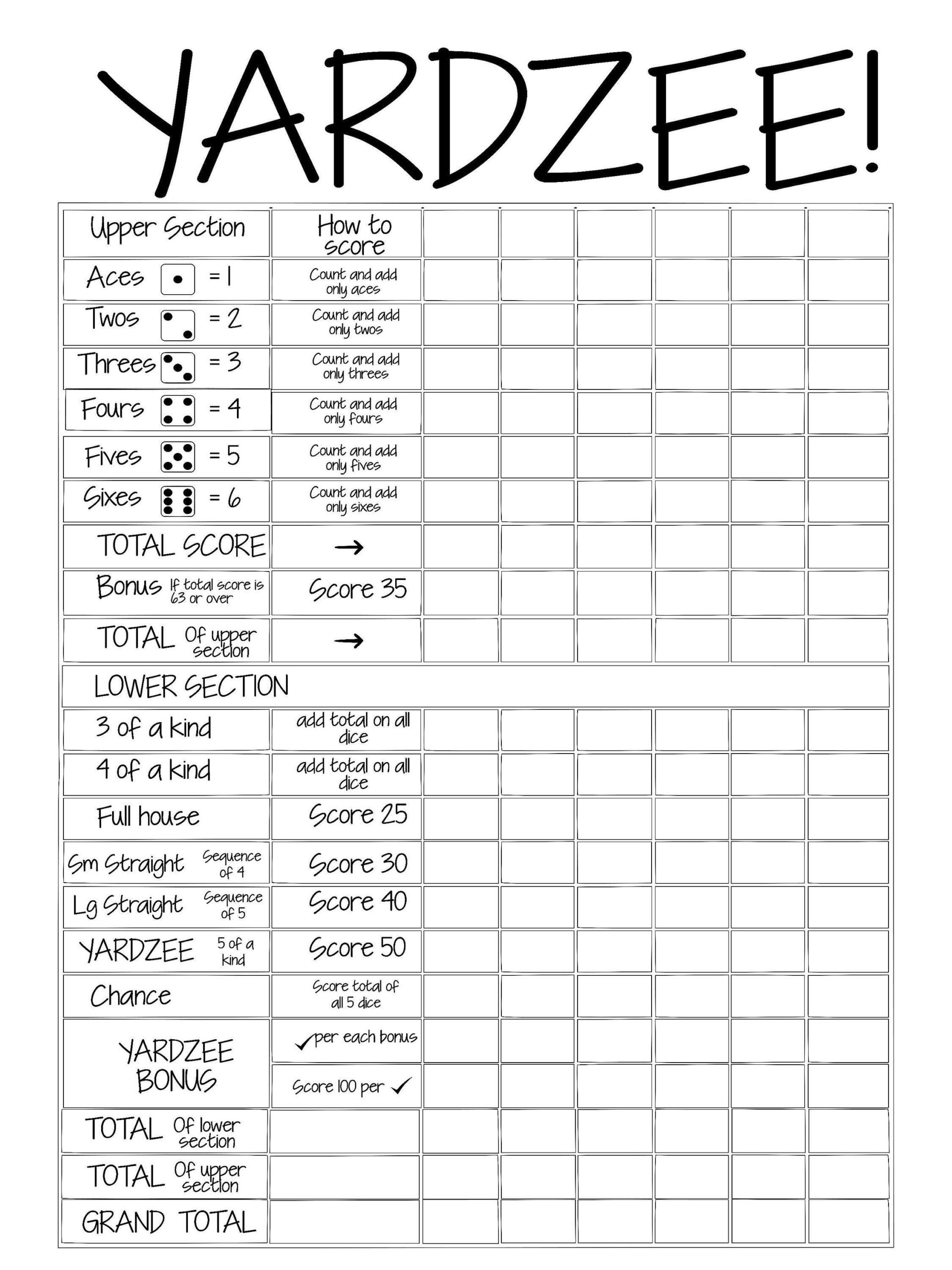 Free Printable Yardzee Score Sheets