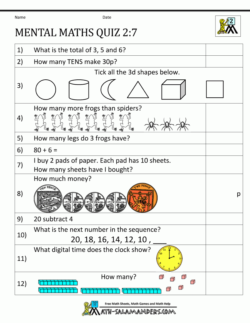 Year 2 Free Printable Maths Worksheets