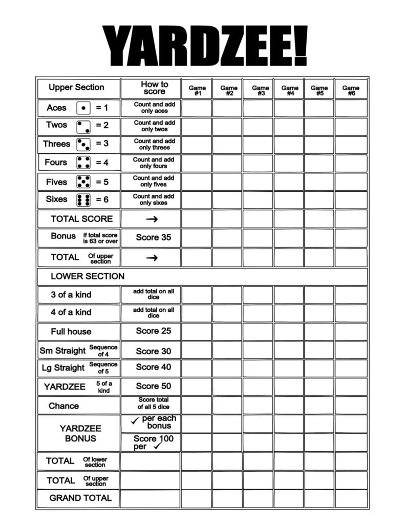 Free Printable Yardzee Score Sheets