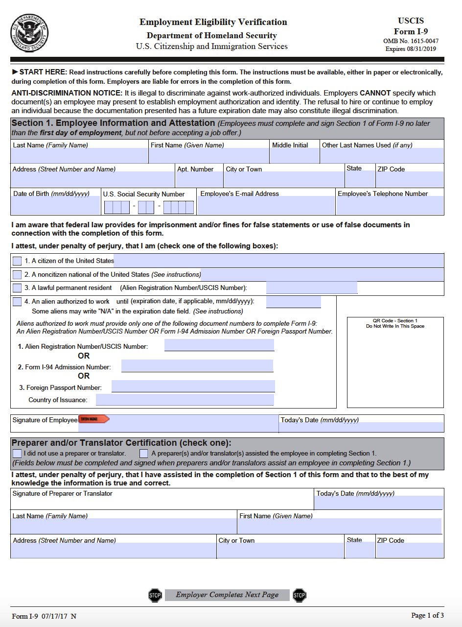 I-9 Free Printable Form