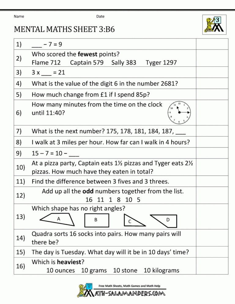 Year 3 Free Printable Maths Worksheets